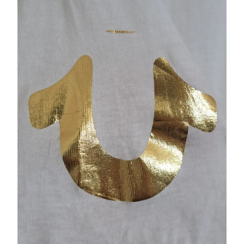 True Religion Men's M White Short Sleeve T-Shirt Gold Logo